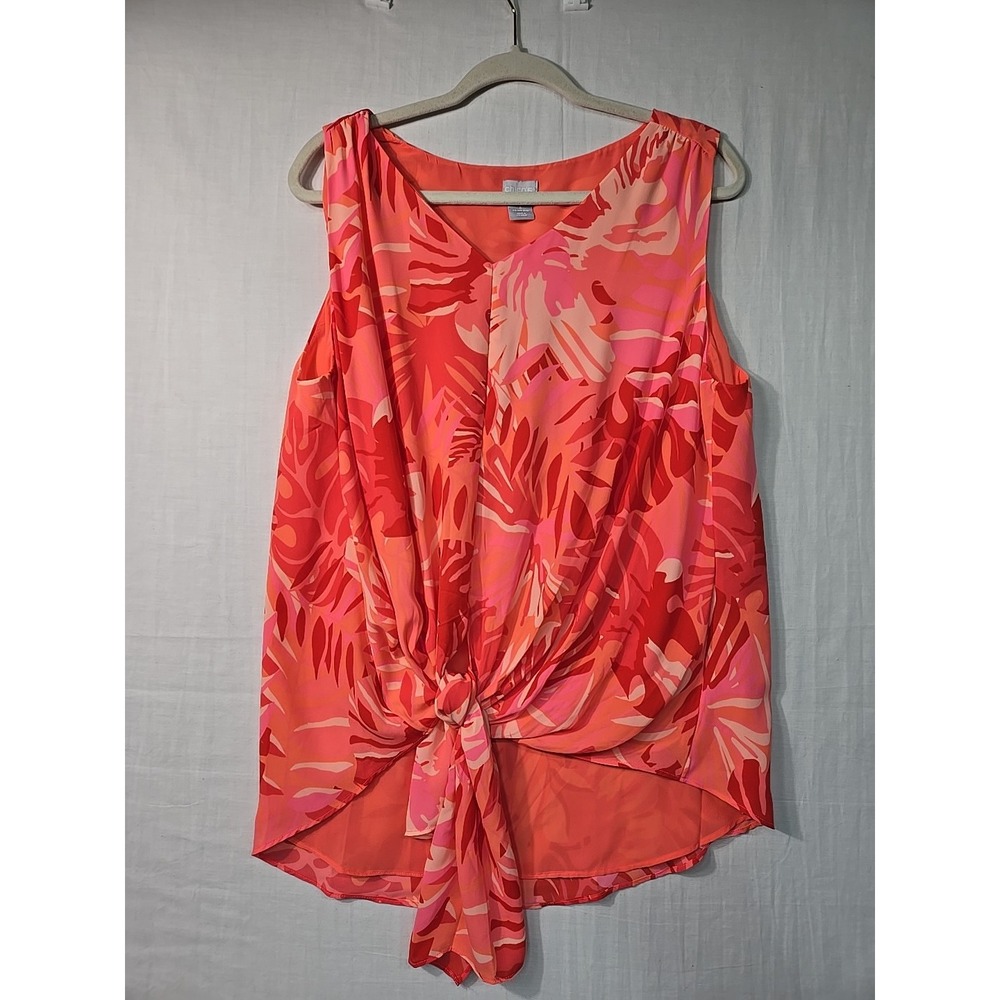 Chico's Sleeveless Tie Front Blouse Women's 3 (16/18) Pink Tropical Print Sheer
